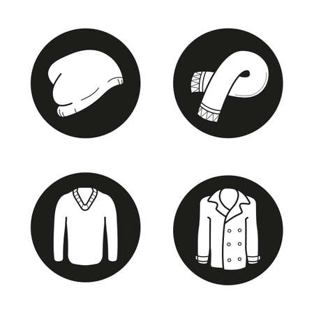 Autumn warm clothes icons set. Hat, scarf, pullover, coat. Sweater and jacket. Vector white illustrations in black circlesのイラスト素材