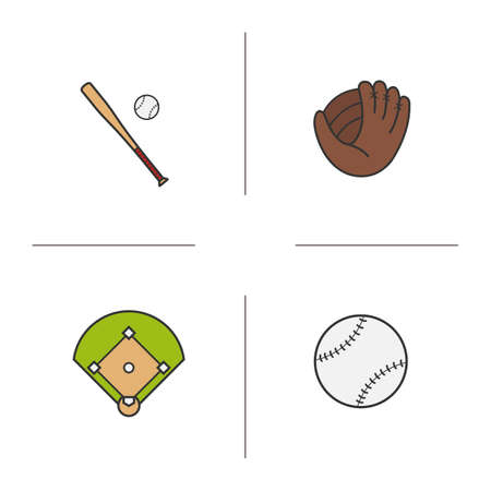 Baseball color icons set. Bat and ball, mitt, field. Softball equipment. Isolated vector illustrationsのイラスト素材