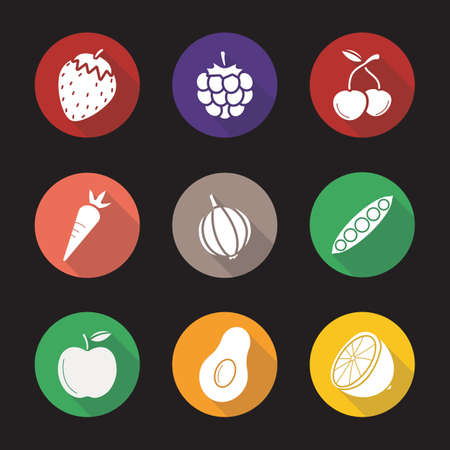 Fruit, berries and vegetables flat design long shadow icons set. Strawberry, raspberry, cherries, carrot, garlic, open pea pod, apple, avocado, lemon. Vector symbolsのイラスト素材