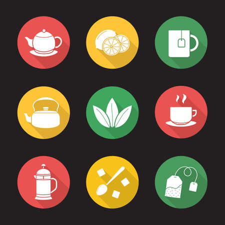Tea flat design long shadow icons set. Cutted lemon, steaming cup on plate, brewer, teapot, loose tea leaves, teabag, refined sugar cubes with spoon, kettle, mug. Vector symbolのイラスト素材