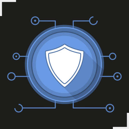 Cyber security flat design long shadow icon. Protection shield in microchip pathways. Vector silhouette symbolのイラスト素材