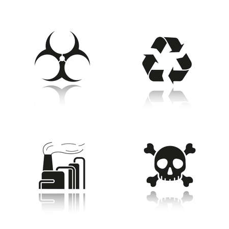 Industrial pollution drop shadow black icons set. Biohazard and recycle symbols, factory air pollution and skull with crossbones poison sign. Isolated vector illustrationsのイラスト素材