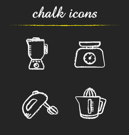 Kitchen appliances chalk icons set. Blender, hand mixer, juicer, kitchen food scales illustrations. Isolated vector chalkboard drawingsのイラスト素材