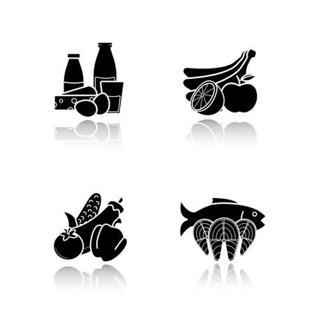Grocery store products drop shadow black icons set. Food categories. Dairy products, seafood, fruit and vegetables. Isolated vector illustrationsのイラスト素材