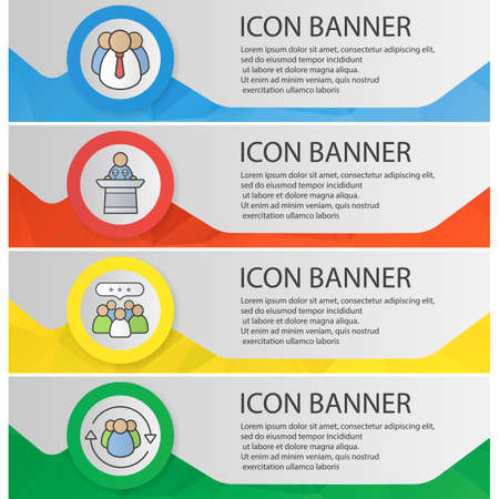 Business banner templates set. Easy to edit. Top manager, conference speaker, teamwork, team management website menu items. Color polygonal web banner concepts. Vector backgroundsのイラスト素材