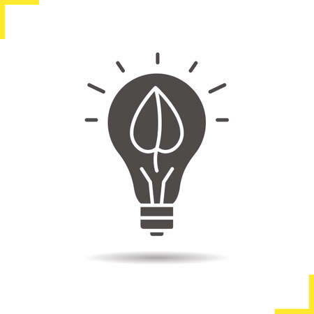 Eco energy concept icon. Drop shadow silhouette symbol. Lightbulb with plant leaf. Negative space. Vector isolated illustrationのイラスト素材
