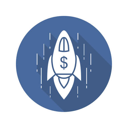 Business success concept. Spaceship flat design long shadow icon. Rocket ship with dollar sign. Vector silhouette symbolのイラスト素材