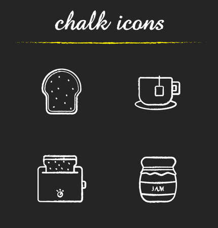 Breakfast items chalk icons set. Toaster, covered honey pot, teacup on plate, toasted bread illustrations. Isolated vector chalkboard drawingsのイラスト素材