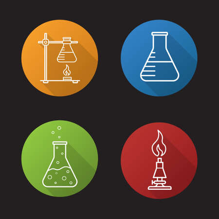 School chemical laboratory. Flat linear long shadow icons set. Chemical reaction, lab burner, ring stand, flask with liquid. Vector line symbolsのイラスト素材