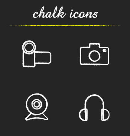 Electronics devices chalk icons set. Video and photo camera, webcam and headphones. Isolated vector chalkboard illustrationsのイラスト素材