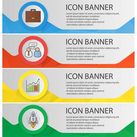 Business banner templates set. Easy to edit. Briefcase, working conversation, growth chart and spaceship website menu items. Color polygonal web banner concepts. Vector backgroundsのイラスト素材
