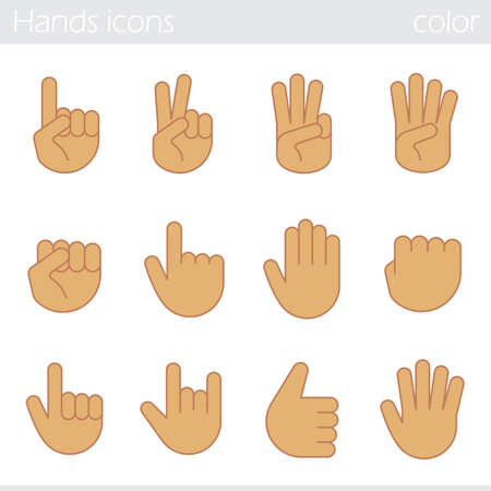Hand gesture color icons set. Point out, cool, approve, hello, heavy metal, thumbs up, fist, direction point symbols. One, two, three, four, five fingers gestures. Isolated vector illustrationsのイラスト素材