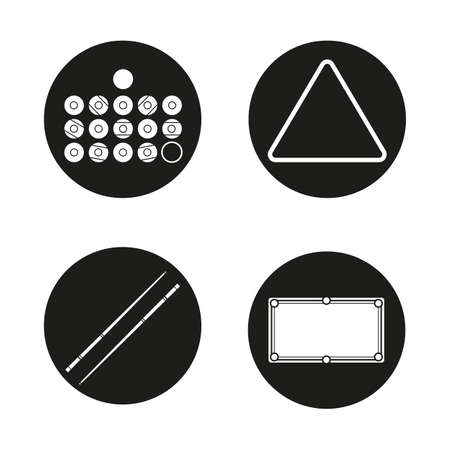 Billiard icons set. Balls, triangle, cues and table. Pool equipment. Snooker accessories. Vector white silhouettes illustrations in black circlesのイラスト素材