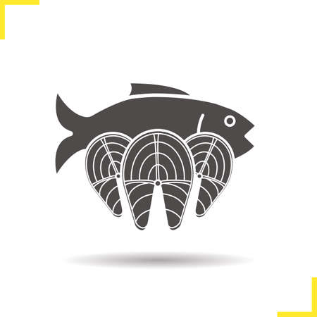 Fish icon. Drop shadow seafood silhouette symbol. Salmon fillet steaks. Negative space. Vector isolated illustrationのイラスト素材
