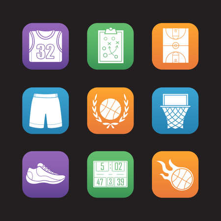 Basketball flat design icons set. Shirt, shorts and shoe, game plan, field, hoop, burning ball, scoreboard. Basketball equipment. Vectorのイラスト素材