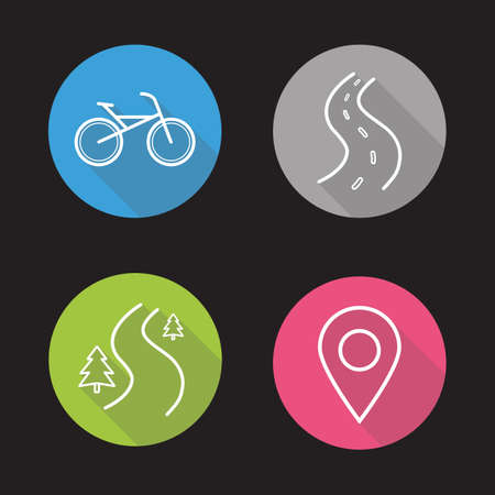 Bike riding flat linear long shadow icons set. Map pinpoint, forest road, highway and city bicycle. Vector line symbolsのイラスト素材