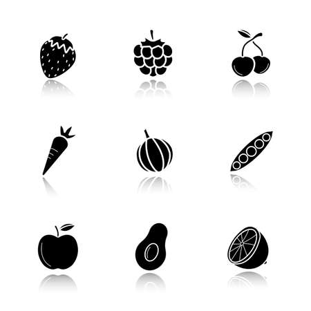 Fruit, berries and vegetables drop shadow black icons set. Strawberry, raspberry, cherries, carrot, garlic, open pea pod, apple, avocado, lemon. Isolated vector illustrationsのイラスト素材