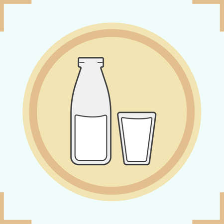 Milk bottle and glass color icon. Dairy product. Kefir. Isolated vector illustrationのイラスト素材