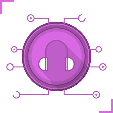 Digital music concept flat design long shadow icon. Headphones in microchip pathways symbol. Vector silhouette symbolのイラスト素材