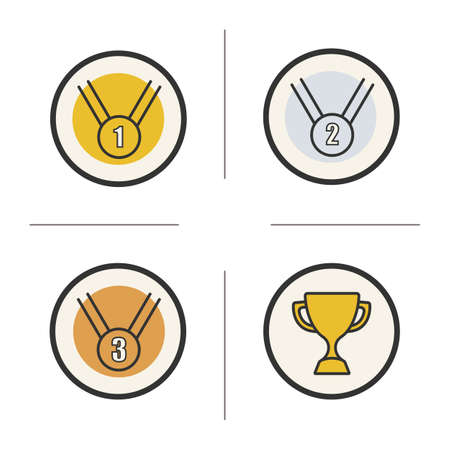 Competition rewards color icons set. Winner cup, gold, silver and bronze medals. Sport games award ceremony items. Isolated vector illustrationsのイラスト素材