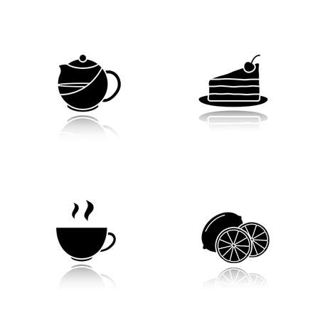 Tea drop shadow black icons set. Teapot infuser, chocolate cake with cherry on plate, lemon slices, steaming cup. Isolated vector illustrationsのイラスト素材