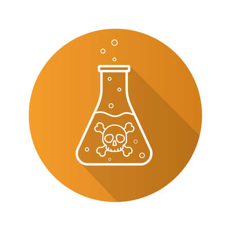 Poison bottle flat linear long shadow icon. Boiling poisonous liquid with crossbones and bubbles. Vector line symbolのイラスト素材