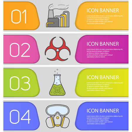 Chemical industry banner templates set. Easy to edit. Factory air pollution, poison liquid, biohazard symbol, gas mask. Website menu items. Color web banner. Vector headers design conceptsのイラスト素材