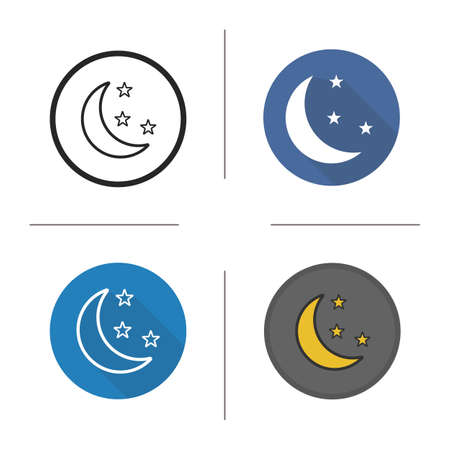 Moon and stars night icon. Flat design, linear and color styles. Nighttime Bedtime. Isolated vector illustrationsのイラスト素材