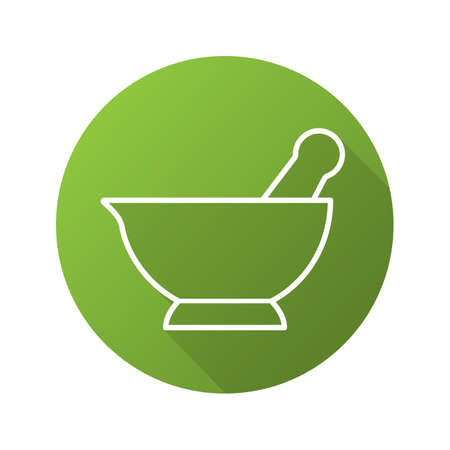 Mortar and pestle flat linear long shadow icon. Naturopathy. Alternative herbal medicine. Vector line symbolのイラスト素材
