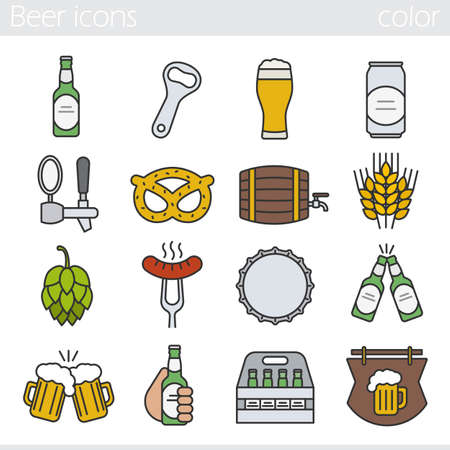 Beer color icons set. Bar and pub isolated vector illustrations. Foamy beer glass, bottle, can, mug, keg, crate, tap, cap, bottle opener. Sausage on fork, brezel, rye, hop and wooden bar signのイラスト素材