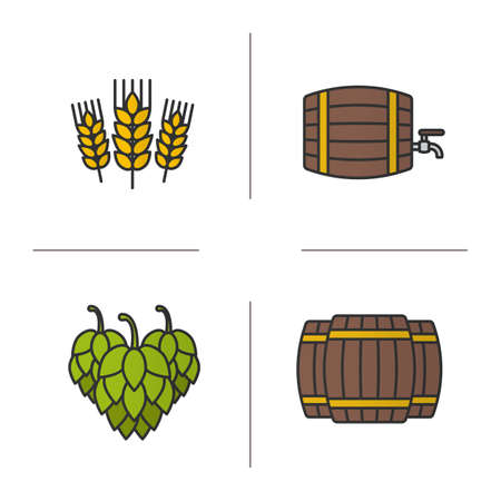 Beer color icons set. Alcohol wooden barrels, hop cones, wheat ears. Beer brewery. Isolated vector illustrationsのイラスト素材