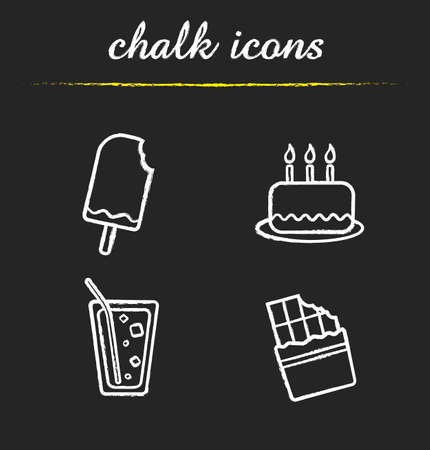 Sweets chalk icons set. Confectionery products. Bitten ice cream, birthday cake with candles, soda drink with straw and ice, chocolate bar. Isolated vector chalkboard illustrationsのイラスト素材