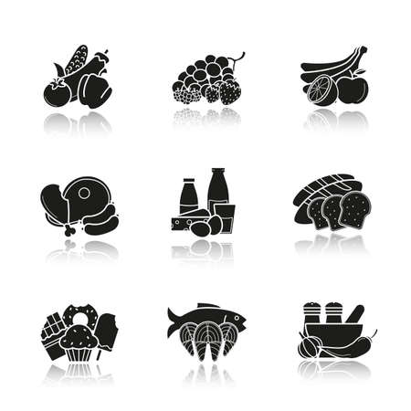 Grocery store products categories drop shadow black icons set. Vegetables, fruit, berries, meat, dairy and grain products, confectionery, seafood, spices. Isolated vector illustrationsのイラスト素材