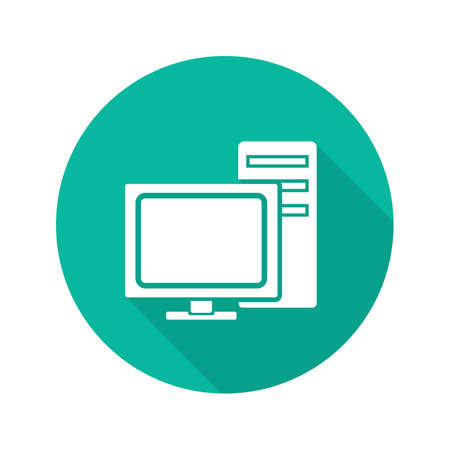 Computer flat design long shadow icon. PC screen and system unit. Vector silhouette symbolのイラスト素材