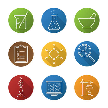 Chemical laboratory flat linear long shadow icons set.のイラスト素材