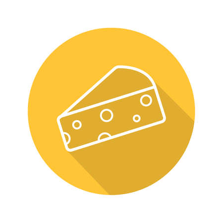 Cheese slice flat linear long shadow icon. Hard porous cheddar cheese. Vector line symbolのイラスト素材