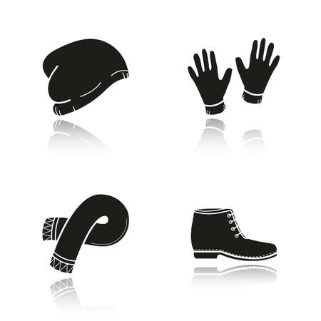 Winter clothes drop shadow black icons set. Ski hat, gloves, scarf, boot. Isolated vector illustrationsのイラスト素材