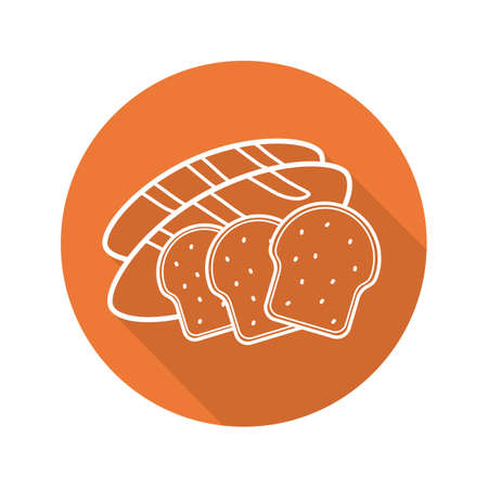 Bread flat linear long shadow icon. Grocery store bakery. Grain products. Toasts and long loaf. Vector line symbolのイラスト素材