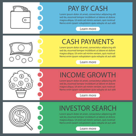 Banking and finance banner templates set. Easy to edit. Investor search, purse with money, cash, money tree. Website menu items with linear icons. Color web banner. Vector headers design conceptsのイラスト素材