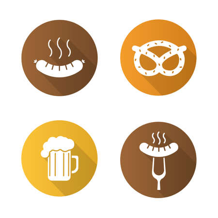 Octoberfest beer and snacks flat design long shadow icons set. Steaming sausage on fork, bratwurst, brezel, foamy beer glass. Vector silhouette symbolsのイラスト素材