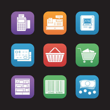Supermarket flat design icons set. Pos terminal, cash register, bank atm machine, credit card, shopping basket and cart, shop shelves, barcode, cash. Vectorのイラスト素材
