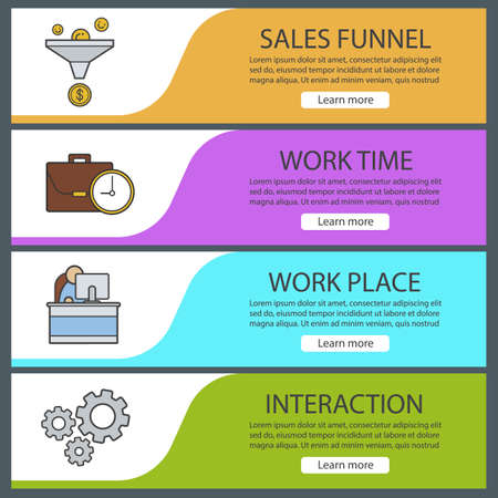 Business banner templates set. Easy to edit. Sales funnel, work time, briefcase, cogwheels and office worker. Website menu items. Color web banner. Vector headers design conceptsのイラスト素材