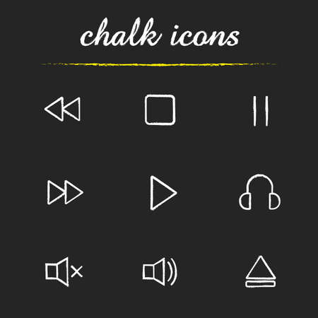 Music player interface chalk icons set. Next and previous, stop, pause, listen, play, mute on and off, open file buttons. Audio player isolated vector chalkboard illustrationsのイラスト素材