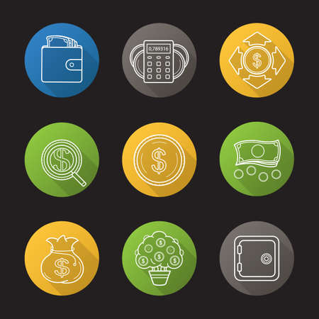 Banking and finance flat linear long shadow icons set. Purse with cash, money spending calculations, investor search, dollar coins and cash stack, bank vault, money bag and tree. Vector line symbolsのイラスト素材