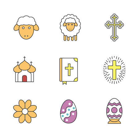 Easter color icons set. Flower, church, Holy Bible, Easter eggs, lambs and cross, crucifix. Isolated vector illustrationsのイラスト素材