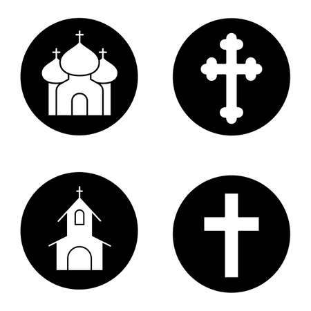 Christianity religion icons set. Catholic cathedral, orthodox church, temple, Christian crucifix, cross. Vector white silhouettes illustrations in black circlesのイラスト素材
