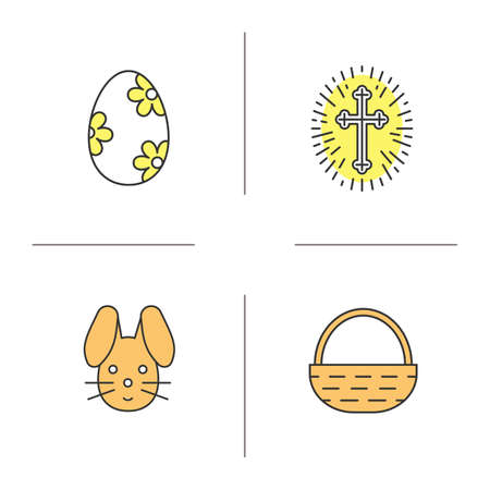 Easter color icons set. Church crucifix with light around, Easter bunny, egg with flowers pattern, basket. Isolated vector illustrationsのイラスト素材