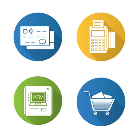 Supermarket shopping items. Flat design long shadow icons set. Grocery store. Credit cards, pos terminal, bank atm machine, shopping cart with boxes. Vector silhouette illustrationのイラスト素材