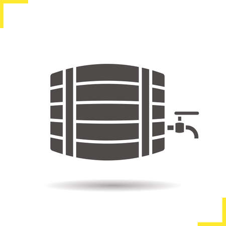 Alcohol wooden barrel icon. Drop shadow silhouette symbol. Bar and pub sign. Whiskey, beer or rum barrel with tap. Negative space. Vector isolated illustrationのイラスト素材
