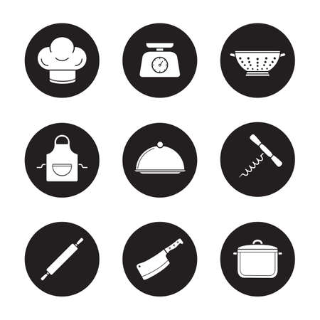 Kitchenware icons set. Chef's hat, kitchen food scales, colander, apron, covered dish, stew pot, rolling pin, cleaver, corkscrew. Vector white silhouettes illustrations in black circlesのイラスト素材